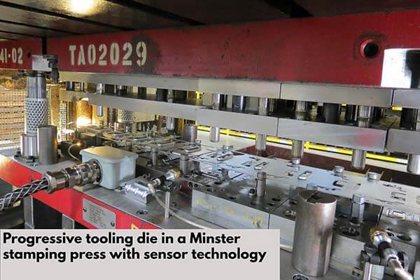 Progressive tooling die in a Minster stamping press with sensor technology